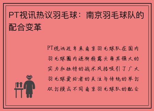 PT视讯热议羽毛球：南京羽毛球队的配合变革